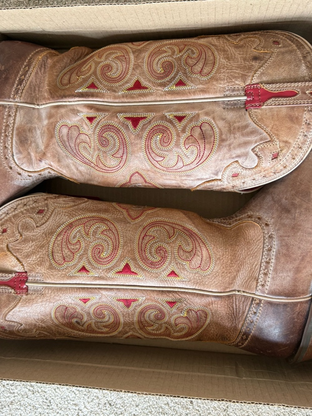 Ariat Brown Leather Western Cowboy Boots with Red Stitch Accents